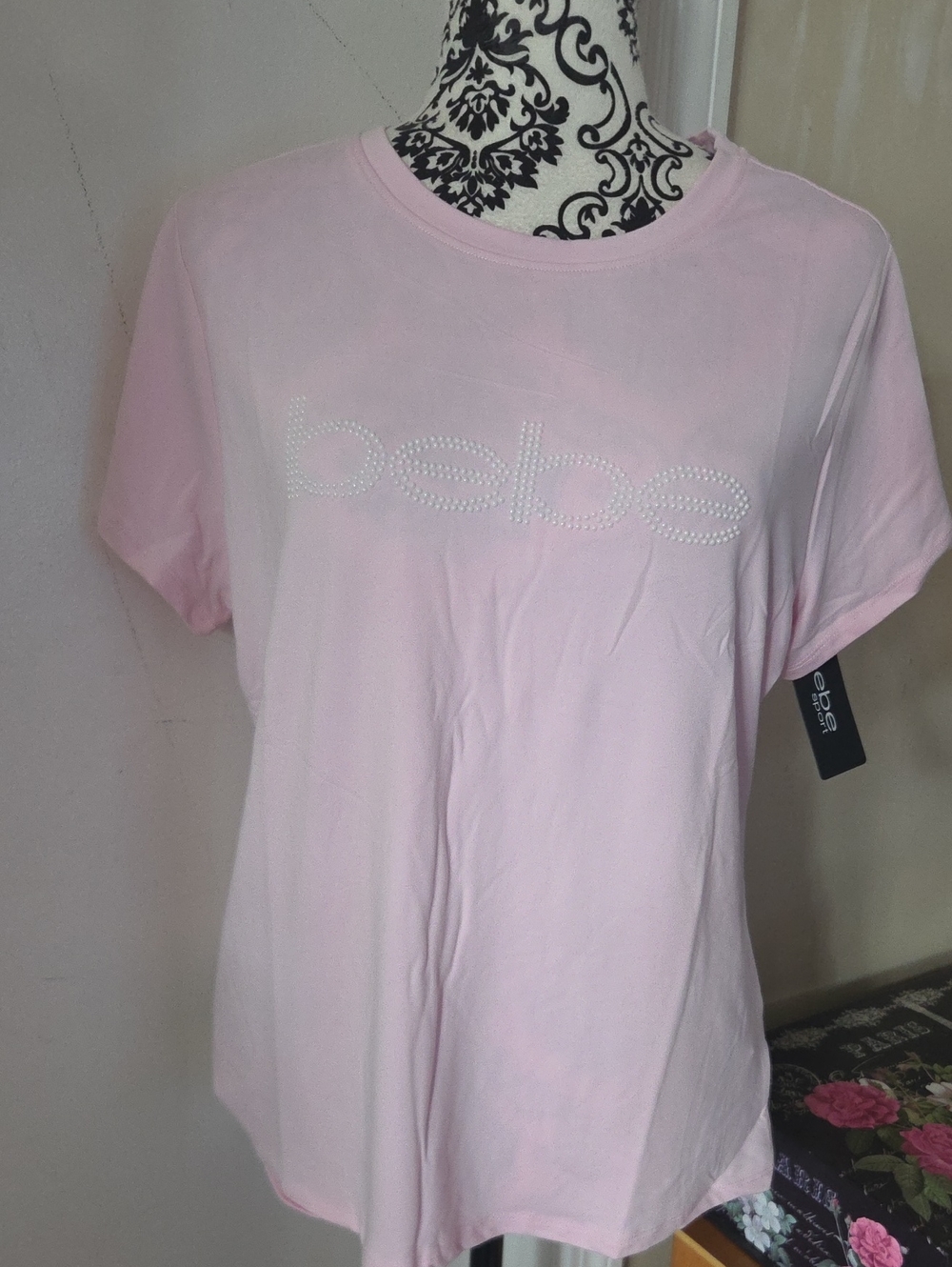bebe Light Pink Rhinestone Logo Short Sleeve Tee